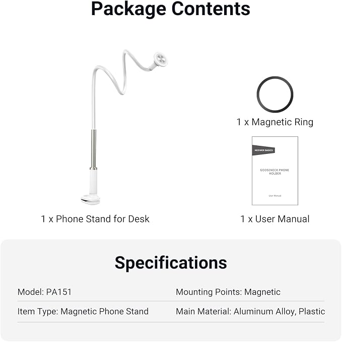 NEEWER Basics Magnetic Phone Stand for Desk, 360° Overhead Table Cellphone Holder Clamp Mount with Flexible Arm, Compatible with MagSafe iPhone Android Samsung for Bed Video Recording, PA151 White