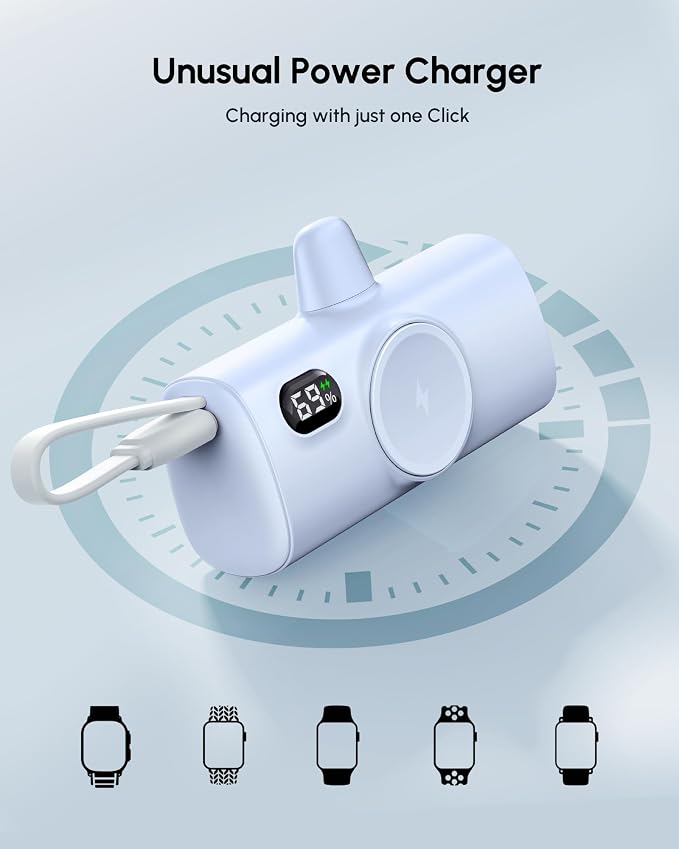 Small Blue Portable Charger for iPhone Power Bank with USB Type C Cable 5000mAh 15W Fast Charging Mini External Battery Pack for iPhone 14/13/12/16/15 Pro Max/Cellphones/Tablets Power Charger