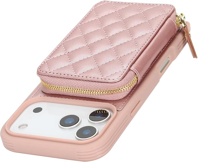 Crossbody Wallet Case for iPhone 17 Pro, PU Leather Zipper Handbag Purse Flip Cover, Kickstand Folio Case with Card Slots Holder Wrist Strap Lanyard 5G 6.3 Inch-Rose Gold