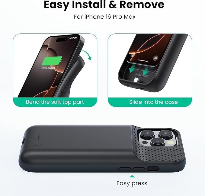 Feob Battery Case for iPhone 16 Pro Max,Ultra-Slim 8600mAh Portable Charger Cover 360°Protection Rechargeable Extended Battery Charging Case for iPhone 16 Pro Max-Black