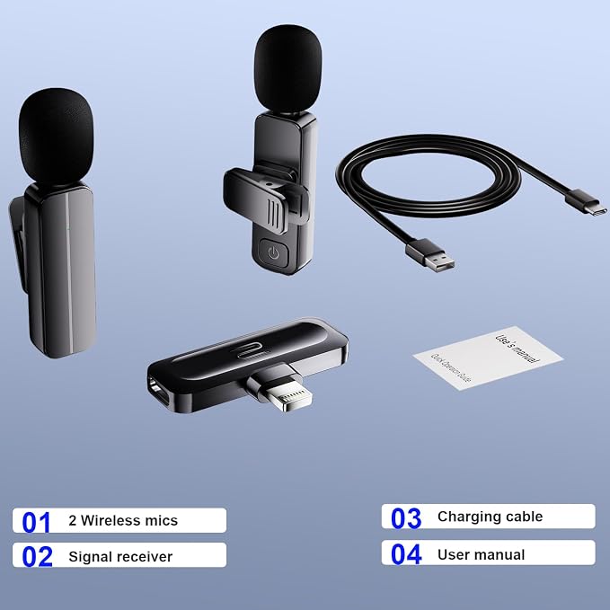 2-Pack Wireless Mini Lavalier Lapel Microphone for iPhone,iPad(Lightning) - 65ft Cordless Clip on Dual Mics with Noise Reduction 6H Working Time for Video Recording Vlogging, YouTube, Interview