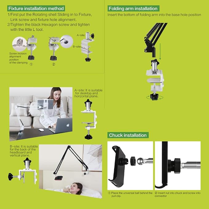 Heavy Duty Phone/Tablet Metal Holder Universal Mobile Cell Smartphone Mount Lazy Bracket 360° Rotation Gooseneck Clamp Stand Flexible Long Arm for 4-11 Inch Devices (Black, 2-Section)