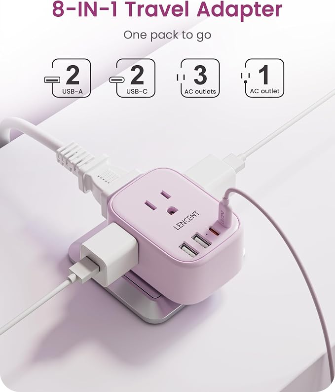 LENCENT European Travel Plug Adapter US to Europe Type-C Foldable Plug | with 4 Outlets 4 USB Ports (2 USB C), Power Adaptor for USA to EU Euro Iceland Spain Italy France Germany Greece, Pink