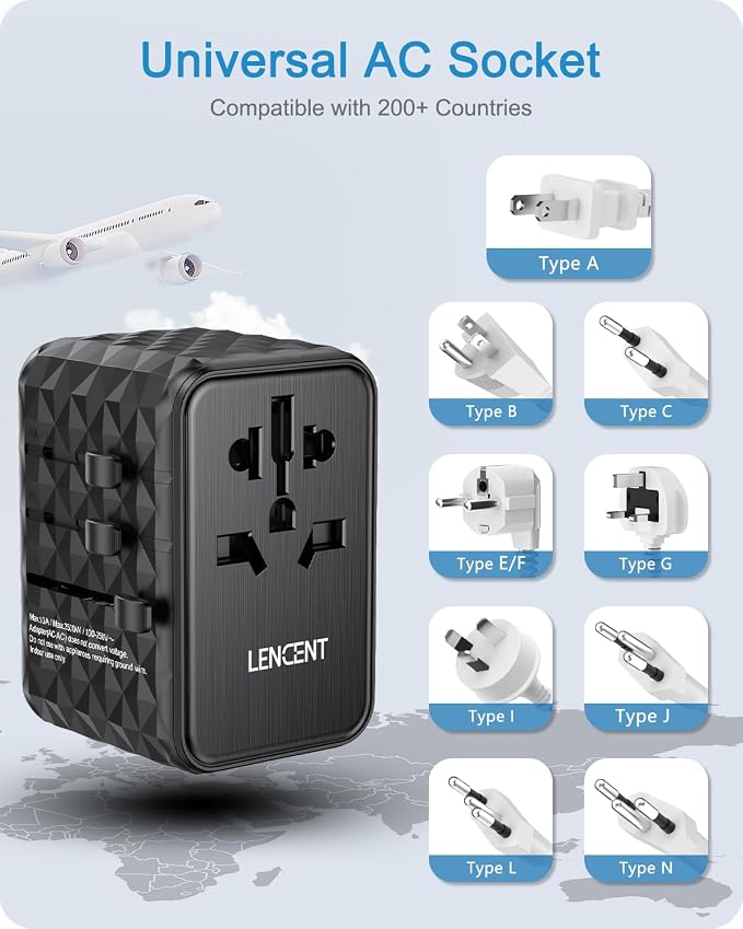 LENCENT 65W Universal Travel Adapter, GaN International Fast Charger | 2 USB-A &2 USB-C Power Plug Converter, Power Outlet Adapter for Phones,Laptops, All in One Travel Essentials for EU/USA/UK/AU