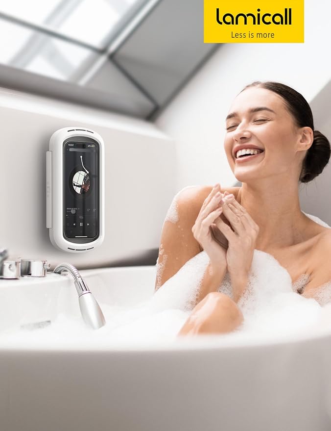 Lamicall Shower Phone Holder with Speaker Holes, IPX6 Waterproof Clear Sound & 480° Rotation Shower Case Accessories, Waterproof Bathroom Wall Mount for iPhone 17 16 Pro Max Air, S25 Ultra, 4-7" Phone