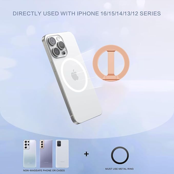 Double Magnetic Phone Ring Holder for MagSafe 360°Rotation Finger Grip Stand Adjustable Cellphone Magnetic Kickstand Mag Safe Accessories for iPhone 16/15/14/13/12 Series Rose Gold
