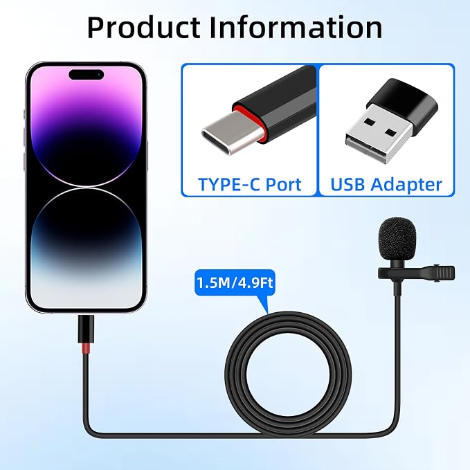 GELRHONR USB C Lavalier Microphone, Type-C Lapel Microphone Wired with USB A Adapter, 48kHz/24bit, Compatible with PC,Laptop, Phone for Video Recording, Live Streaming and More, 4.9FT
