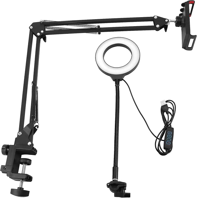 QWORK Overhead Camera Mount, Phone Mount with Ring Light, Flexible Articulating Phone Arm Stand, Phone Holder Stand, Phones Mount Clamp on Desk, for Live Stream, Video Recording and Online Teaching