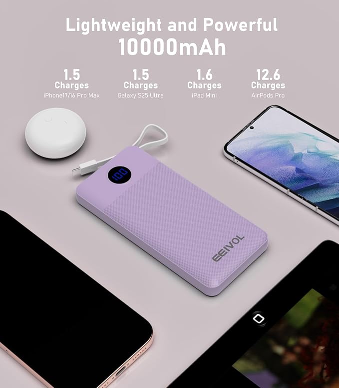 Portable Charger with Built in Cables, Slim 10000mAh Power Bank, USB C Battery Pack Travel, 4 Output 2 Input External Charging Bank for iPhone 17/16/15/14/13,Samsung, Android, etc-Purple(1 Pack)