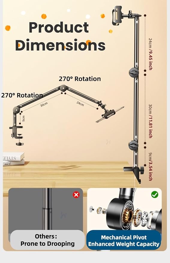 4-Axis Adjustable Tablet & Phone Holder, Gooseneck Arm – 360° Rotating Bedside & Desk Mount, Metal Tube Stand for Watching, Recording, and Live Streaming UN-C (32inch/82cm)
