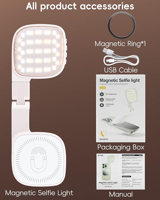 Magnetic Selfie Light for Video Calls, 360° Foldable Ring Light with 3 Colors & Dimmable Brightness, 1000mAh, MagSafe Compatible with iPhone 17-12 & All Phones for Zoom/TikTok/Selfie(White)