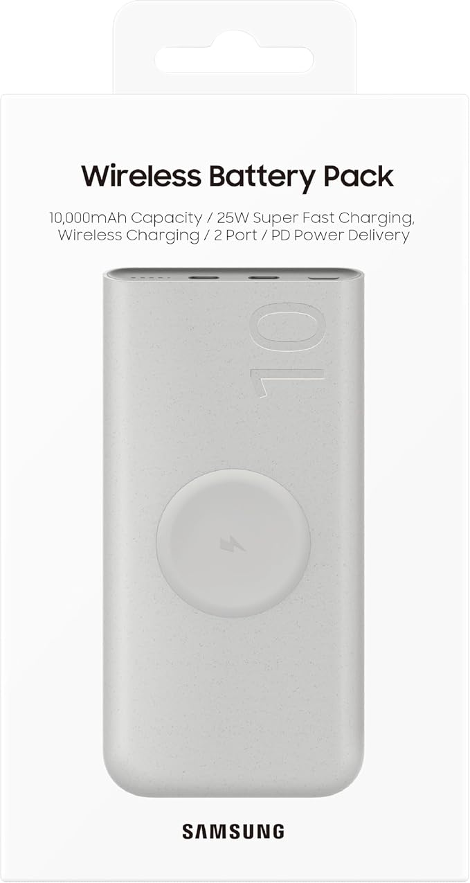 SAMSUNG 25W 10,000mAh Battery Pack Wireless Charger, Super Fast Charging w/ 2 Ports for Galaxy Phones, Buds and More, 3A USB-C Cable Included, 2024, US Version, EB-U2510XUEGUS. Beige
