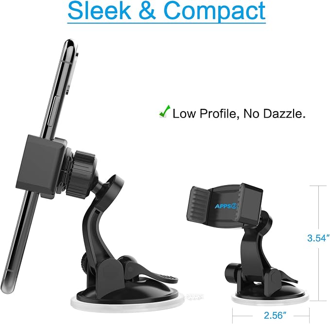 APPS2Car Suction Cup Phone Holder for Car with Adjustable Arm, Low Profile Dashboard Phone Mount Compact Windshield Window Dash Mobile Stand Compatible w/All iPhone and Android Cell Phones