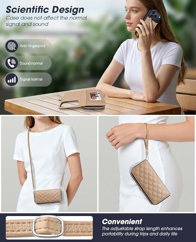 OCASE for iPhone 17 Pro Crossbody Detachable Wallet Case, PU Leather Handbag Phone Purse with Zipper Closure, Card Slots & RFID Blocking, Wrist Strap, Lanyard, Kickstand, Diamond Check Khaki