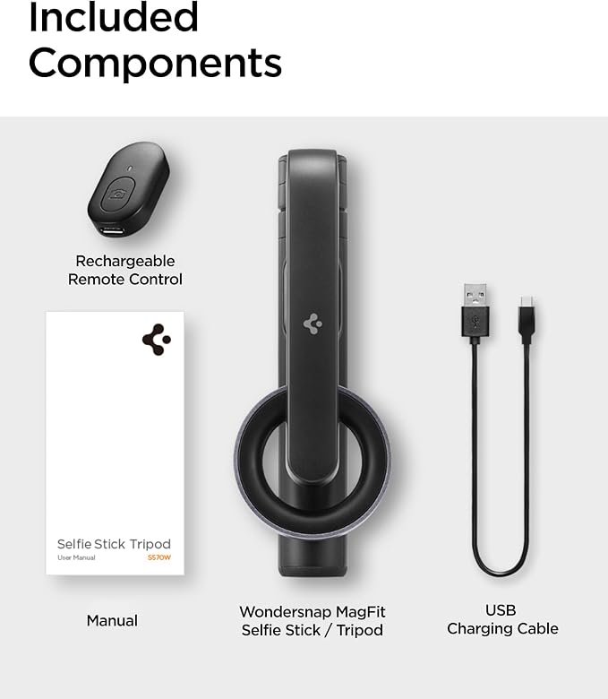 Spigen Selfie Stick Tripod Stand with Bluetooth Remote Control Shutter 24" Extendable Compatible with MagSafe iPhone 17/16/15/14/13/12 Pixelsnap Pixel 10 Series & More - Black (S570W)