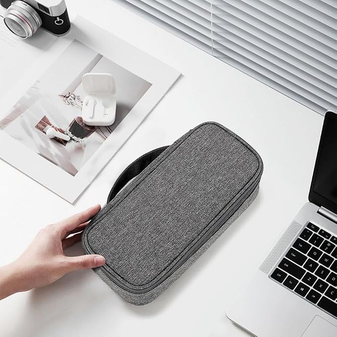 Teskyer Tech Organizer Pouch with Handle, Dark Grey | Water-Resistant Fabric, Adjustable Dividers, Multiple Compartments, Protective Lining, Travel and Office Use