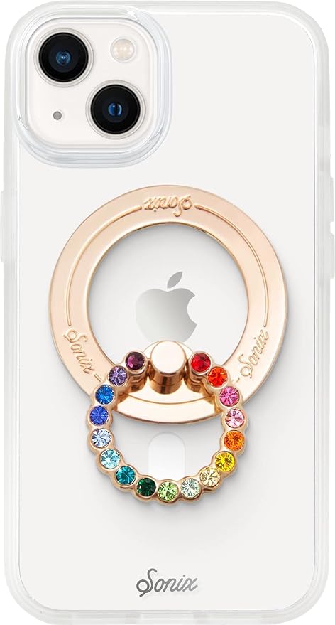 Sonix Magnetic Phone Grip and Phone Ring Holder - Compatible with MagSafe - Rotatable Kickstand and Phone Holder for iPhone 16, 15, 14, 13, 12 Series - Gold/Rainbow Rhinestone