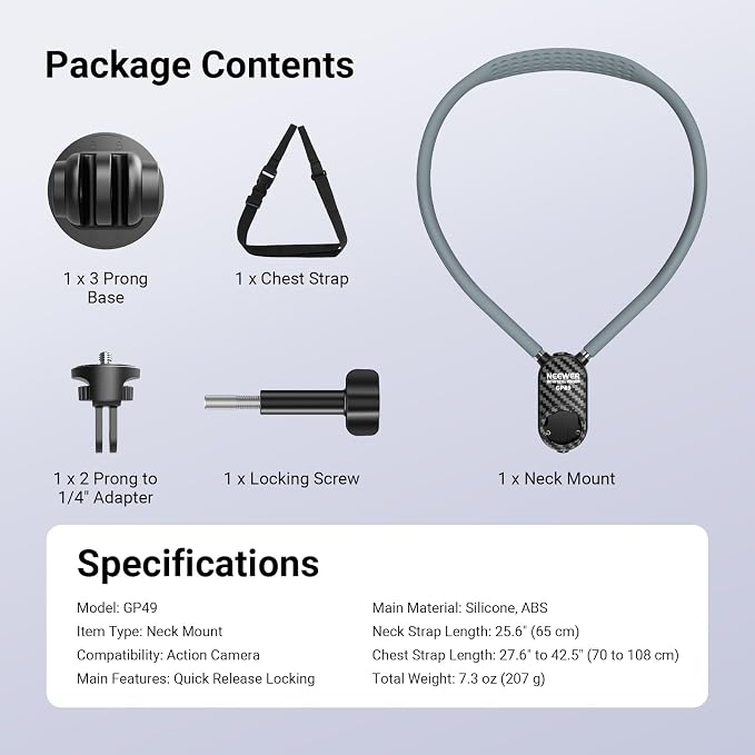 NEEWER Neck Mount Compatible with GoPro DJI Insta 360 Action Cameras, Quick Release Neck Holder with Air Cushion & Adjustable Chest Strap, Accessories Kit for POV Vlogging Video Recording, GP49