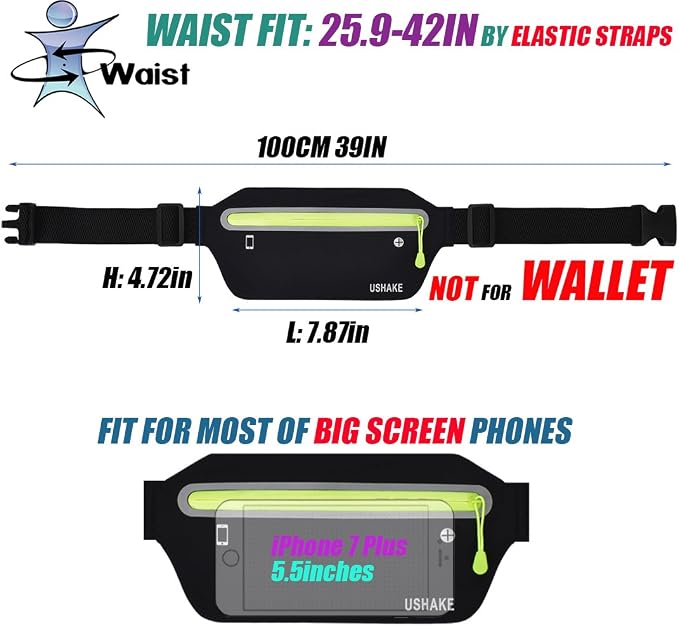 USHAKE Slim Running Belt, Ultra Light Bounce Free Waist Pouch Fitness Workout Belt Sport Waist Pack Exercise Waist Bag for Apple iPhone Samsung in Running Gym Marathon Cycling