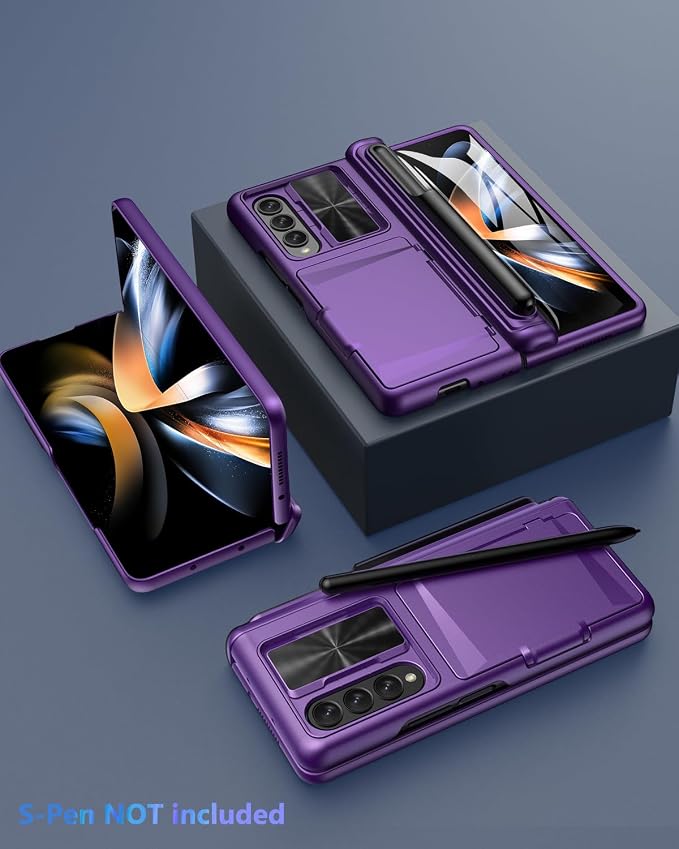 Viaotaily for Galaxy Z Fold 4 Case with Card Holder & S Pen Holder & Slide Lens Cover, Built-in Hinge Protection & Screen Protector, Durable Sturdy Phone Cover for Galaxy Z Fold 4, Dark Purple