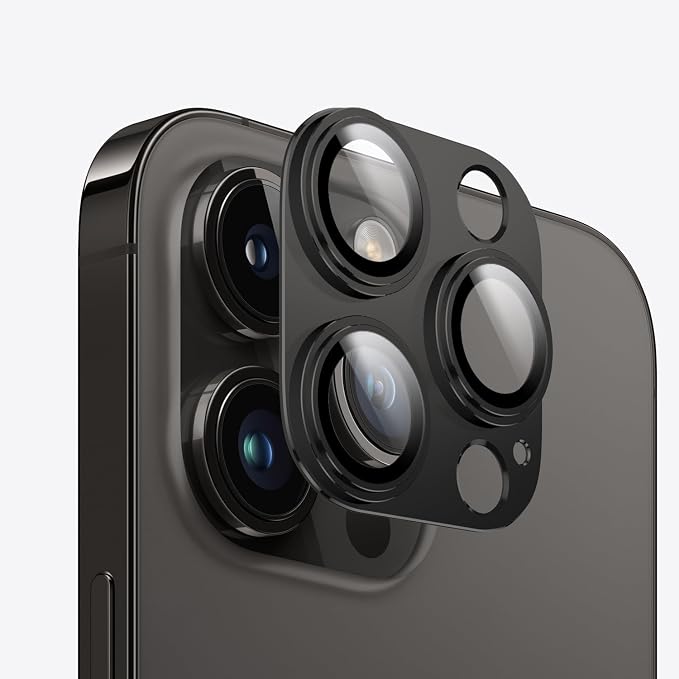 2 Pack Camera Lens Protector for iPhone 14/15/16 Pro & Pro Max Tempered Glass Camera Cover Lens Aluminum Alloy Metal, for iPhone 16 pro max Camera Lens Protector, Clear Photography, Black