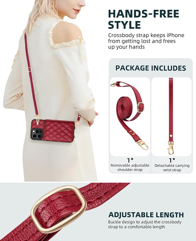 OCASE Compatible with iPhone 16 Pro Crossbody Wallet Case with Card Holder, PU Leather Zipper Handbag Phone Purse with RFID Blocking Kickstand Wrist Strap Lanyard 6.3 Inch, Diamond Check Red