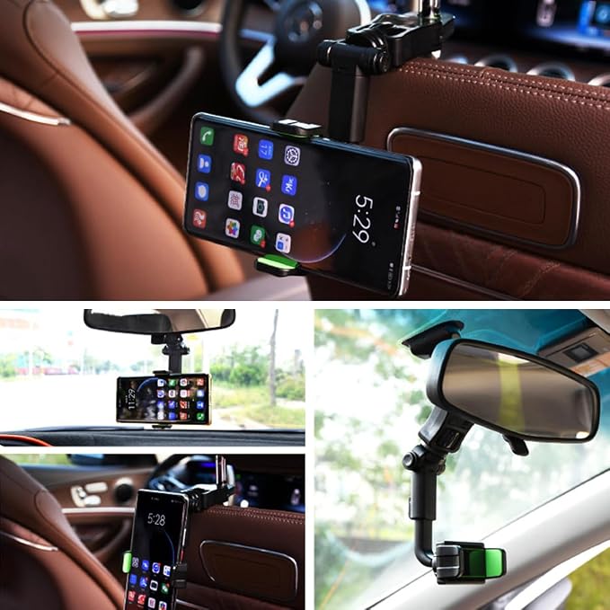 BESULEN Car Rear View Mirror Phone Holder, 360° Rotating Rearview Mirror Phone Mount, ABS Multi-Functional Adjustable Cellphone Holder, Universal Car Phone Holder for All Smartphones (Black/Green)