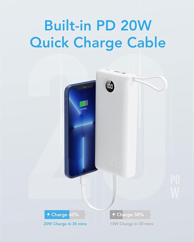 VRURC Portable Charger 20000mAh, Built-in Cables Fast Charging Power Bank, PD QC 3.0 Travel Essentials Battery Pack, 4 Output & 2 Input Phone Charger for iPhone16 15 14 13 X, Samsung, Android