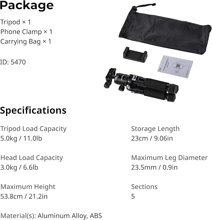 SmallRig VT-20Pro 21.2"/ 53.8cm Mini Tripod for Camera and Phone, Aluminum Alloy Small Desktop Tripod with 360° Ball Head, Table tripods Load Up to 11lb / 5kg
