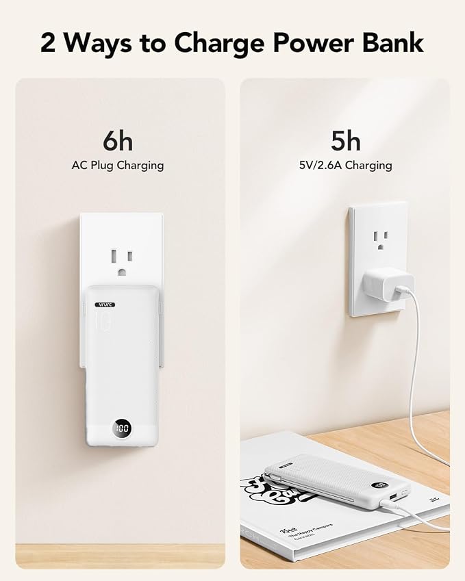 VRURC Portable Charger, Power Bank Built-in Cables and AC Wall Plug | USB C Power Bank 10000mAh Travel Essentials Phone Charger Compact External Battery Pack For Smart Phones, Tablets etc-White