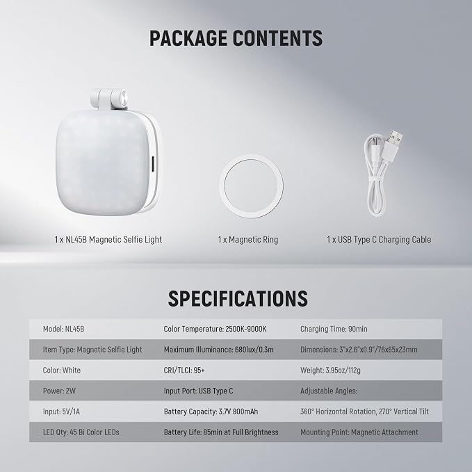 NEEWER Basics Magnetic Selfie Light Compatible with MagSafe iPhone, 2W CRI95+ Bi Color Swivel Small LED Phone Fill Lighting, 680lx/0.3m, Mirror for Vlog Recording Makeup Video Conference, NL45B White