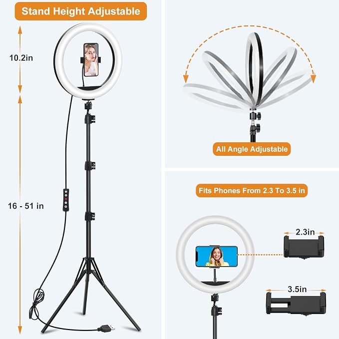 10.3" Selfie Ring Light with Stand and Phone Holder, Desk Tripod, 29 RGB Lighting Modes, Remote for iPhone &Android Camera. LED Halo Light for Photo, Video Recording, TikTok. Circle Ringlight Dimmable