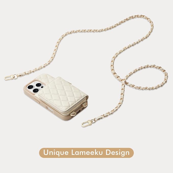 LAMEEKU for iPhone 17 Case Wallet with Card Holder, Wrist Strap Crossbody Phone Cover for Women 6.3" Beige