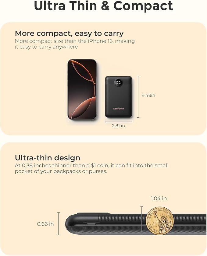 Small Portable Charger 10000mAh, Mini Power Bank with LED Display, 20W Fast Charging USB-C Battery Pack, Compact Travel Charger Compatible with iPhone 17/16/15/14, Samsung S25/24, Android, etc