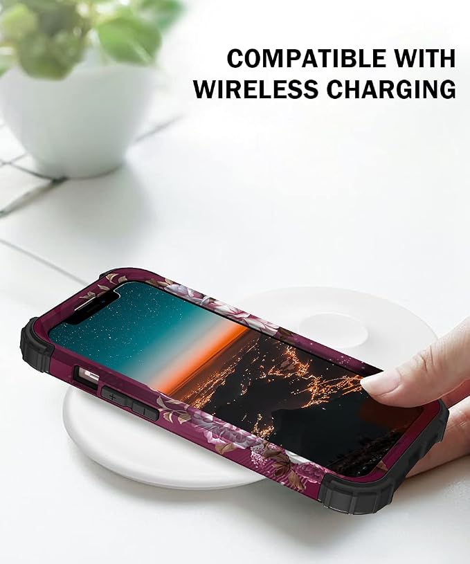 Hocase for iPhone 13 Pro Case, Heavy Duty Shockproof Protection Soft Silicone Rubber+Hard Plastic Bumpers Hybrid Protective Case for iPhone 13 Pro 6.1" 2021 - Royal Purple Flowers