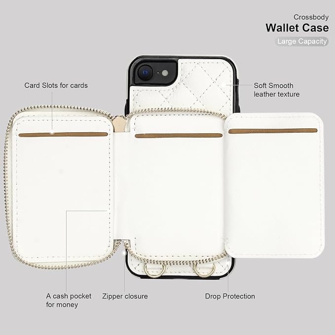 Bocasal Crossbody Wallet Case for iPhone SE 2022/SE 2020/8/7, RFID Blocking PU Leather Zipper Handbag Purse Flip Cover, Kickstand Folio Case with Card Slots Holder Wrist Strap Lanyard 4.7 Inch (White)