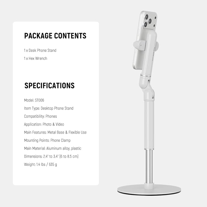 NEEWER Basics Cell Phone Stand for Desk, Adjustable Office Bed Table Phone Mount Holder Clamp with Weighted Metal Base, Compatible with iPhone Video Recording, ST006 White