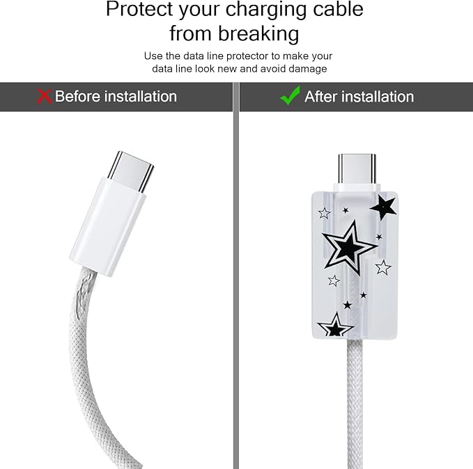 Lovmooful Compatible for iPhone 18W/20W USB-C Charger Cover Clear Lovely Star Design Soft Charger Protector Cute Cable Case Saver Protector for Girls Women-Black Star