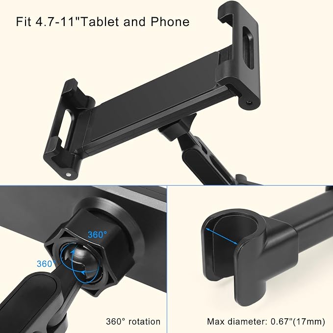 Kairiyard Tablet Holder for Car, 3 in 1 Extension Arm Adjustable Car Headrest Tablet Holder Road Trip Essentials Back Seat Tablets Cars Mount Compatible with iPad Pro, Air, Mini, 4.7-11" Devices