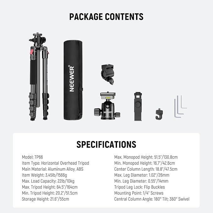 NEEWER Basics 64.5" Horizontal Overhead Tripod Monopod for Dual Camera Aluminum Travel DSLR Camcorder Stand with Cell Phone Holder Compatible with iPhone for Video Recording, 22lb/10kg Load, TP66