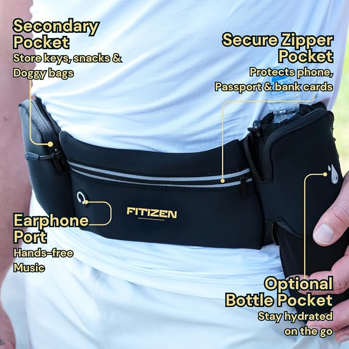 Fitizen Fanny Pack - 3 Pockets - Up To 36 in" Waist - Slim Walking Belt For Men & Women Hiking Cycling Workouts Walking & Travel - Reflective Pocket & Phone Holder for the Fit Citizen By Fitnation