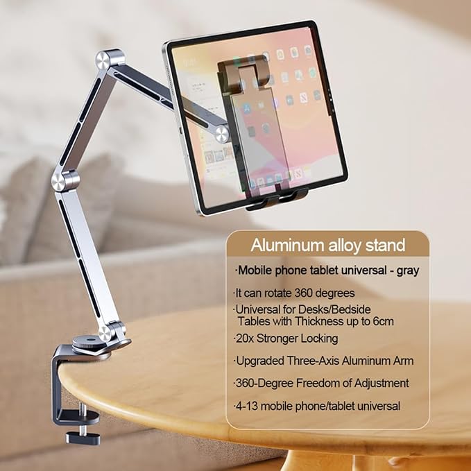 Heavy Duty Phone/Tablet Metal Holder Adjustable Foldable Stand for Desk/Bed Aluminum Universal Lazy Bracket 360° Rotation Flexible Long Arm for 4-13 Inch Devices (Grey, CT9)