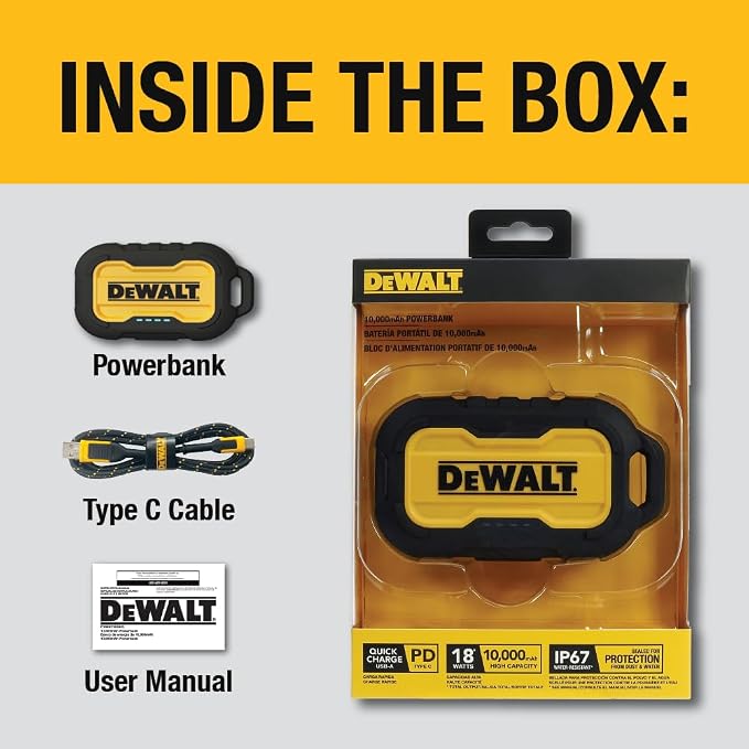 DEWALT Heavy Duty Portable Charger, Power Bank, Travel Worksite 10,000 mAh Battery Pack with USB-C Port for iPhone 17/16 Plus Pro Max, iPhone 15/14/13, Samsung Galaxy