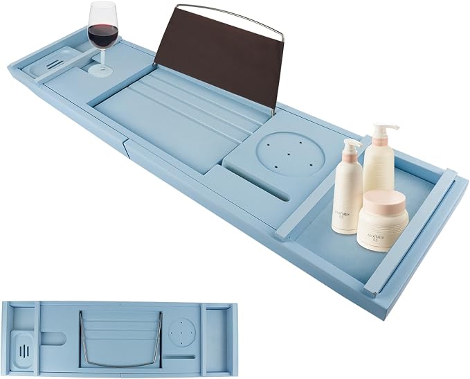 Bathtub Tray Caddy,Bamboo Bathroom Accessories,Expandable Bath Tray,Can be Placed Book and Integrated Tablet Smartphone and Wine Holder,Relaxing Gifts for Women(Blue