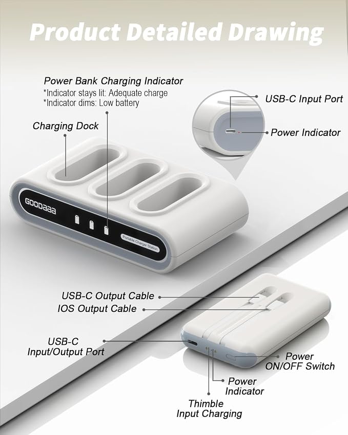 GOODaaa Portable Charger, 3-Pack 10000mAh Slim Power Bank Built in Cables, 3 Outputs 1 Inputs for All Mobile Devices, Charging Station Set Includes 180 DlY Stickers, for Home,Office,Restaurants,Travel