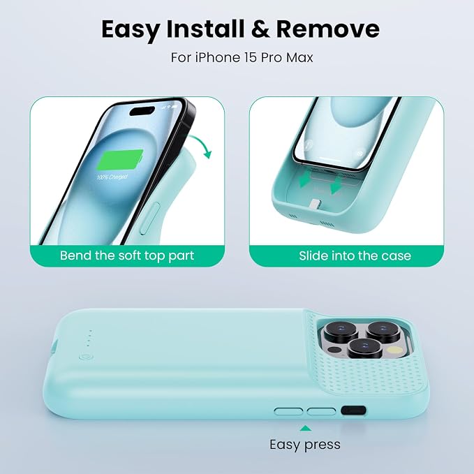 Battery Case for iPhone 15 Pro Max,Powerful 8600mah Ultra-Slim Protective Charging Case,15W Fast Charging Portable Rechargeable Expandable Battery Charger Cover for iPhone 15 Pro Max(6.7inch)-Green