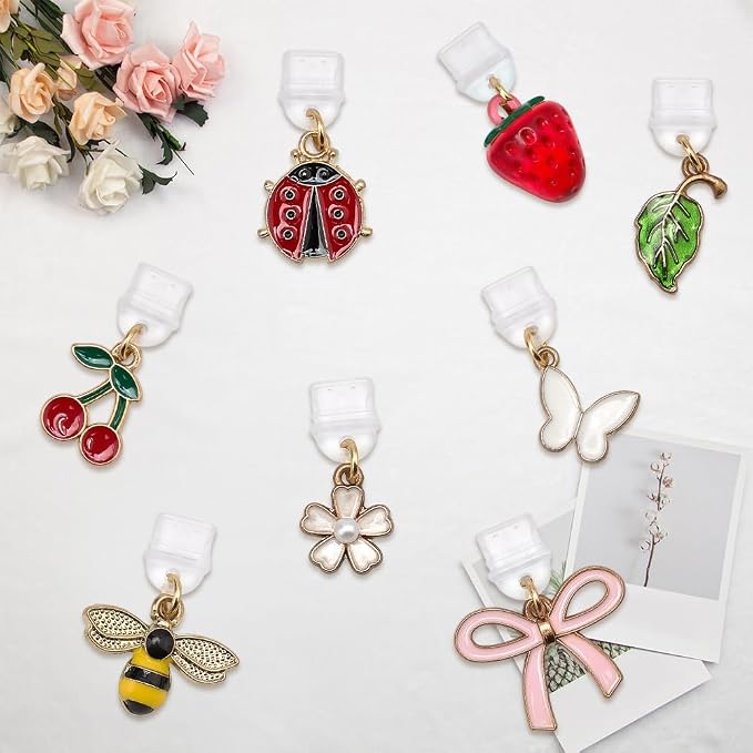8Pcs Charms for Kindle E-Reader Fruit Insect Leaf Bow Butterfly Dust Plug Charm Compatible with Phone Type C Charging Ports Gift for Book Lover Readers Men Women Teachers Students