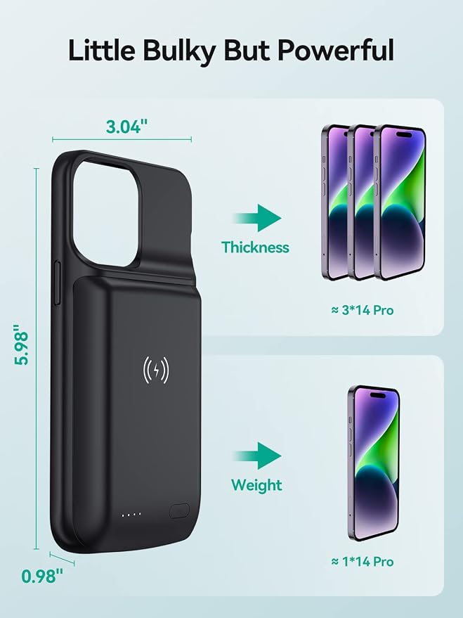 NEWDERY 10000mAh Battery Case for iPhone 14/14 Pro/13/13 Pro 6.1", Qi Wireless Charging & Wired Headset & Sync-Data Supported, Portable Protective Charger Cover