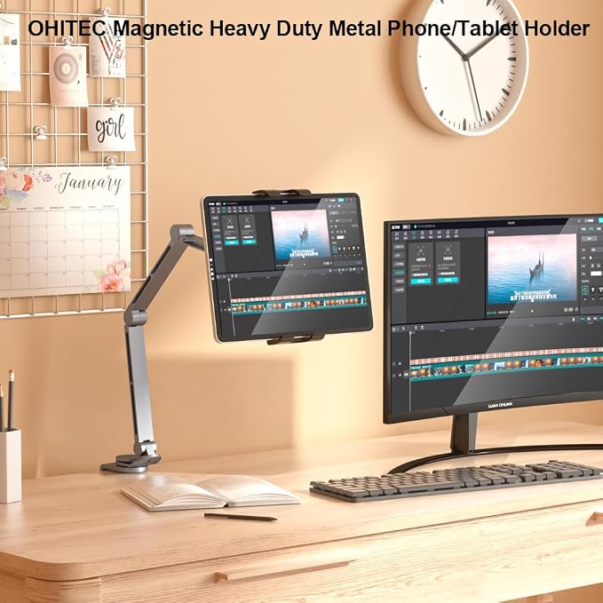 Magnetic Heavy Duty Metal Phone/Tablet Holder for Bed Adjustable Foldable Stand for Desk Aluminum Universal Lazy Bracket 360° Rotation Flexible Long Arm (Silver, Magnetic)