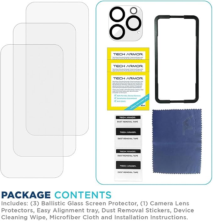 Tech Armor for iPhone 16 Pro Max Screen Protector - Ballistic Tempered Glass, Case Friendly, Sensor Protection, HD, 9H Hardness, 3 Pack + Bonus Camera Lens Protector